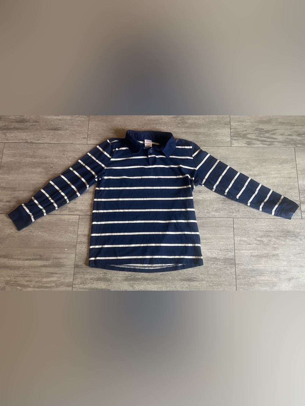 Hanna Andersson Navy & White Striped Polo Rugby Shirt, Elbow pad long sleeves